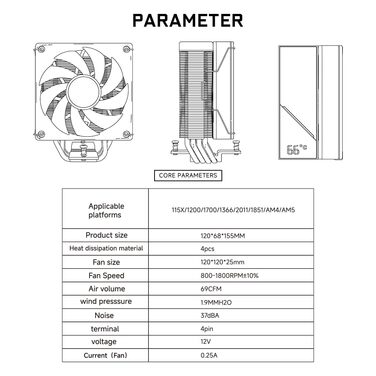 Система водяного охолодження CPU TZMRIT KF420 DGT ARGB з дисплеєм температури, сумісна з Intel LGA 1700/1200/115X/1851/1366/2011 та AMD AM4/AM5 (чорний) KF420BK