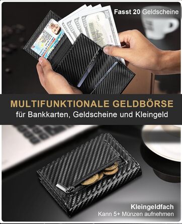 Чоловічий гаманець UNOSEKS з RFID захистом: Slim Wallet з відділом для монет та карткою для ID, на 1-6 карт (алюміній, карбон)