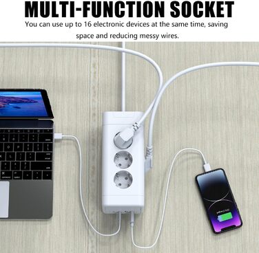 Блок розеток з USB-C, 4 розетки, плоский штекер, індивідуальне вмикання, куб з 2м плетеного кабелю для офісу, дому, подорожей - Білий 002-MF (12 розеток 2M - Білий)