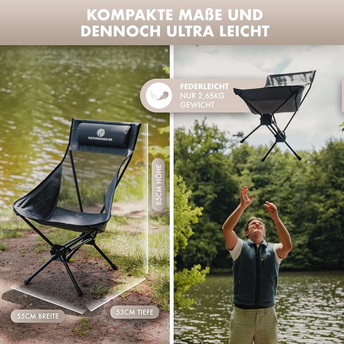 Кемпінговий стілець NaturBummler Cloud Sit Light - складаний, ультралегкий (2.65 кг), дихаючий, з сумкою, витримує 120 кг - для саду, риболовлі, відпочинку (Сірий)