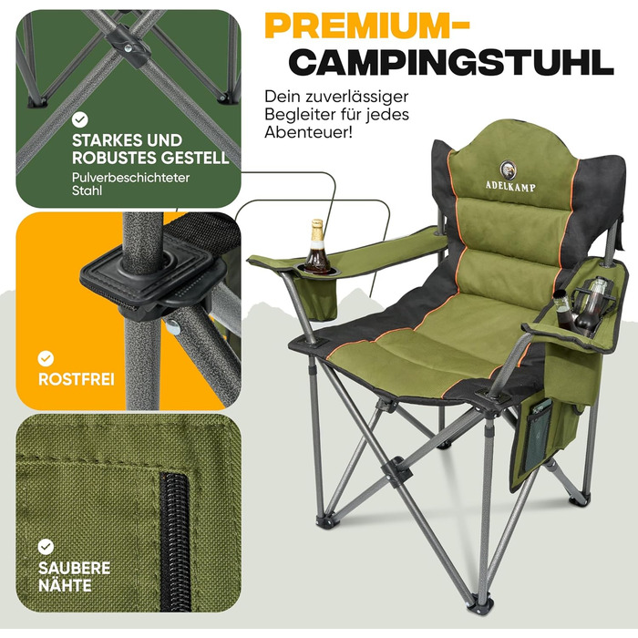 Складний туристичний стілець ADELKAMP з товстим м'яким сидінням, висока вантажопідйомність 150 кг, з сумкою-холодильником та тримачем для напоїв – переможець тесту 2024, преміум-якість, оливковий колір