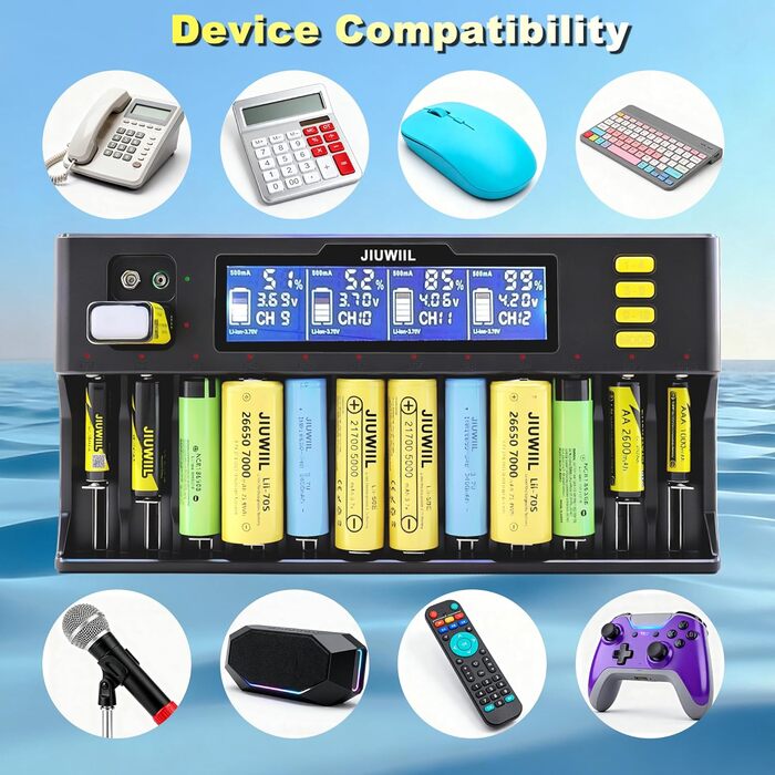 Зарядний пристрій JIUWIIL для акумуляторів 18650 Li-ion/LiFePO4 12+2 слоти, LCD-дисплей, швидка зарядка 26650, 17500, 16340, 14500, 10440, 9V