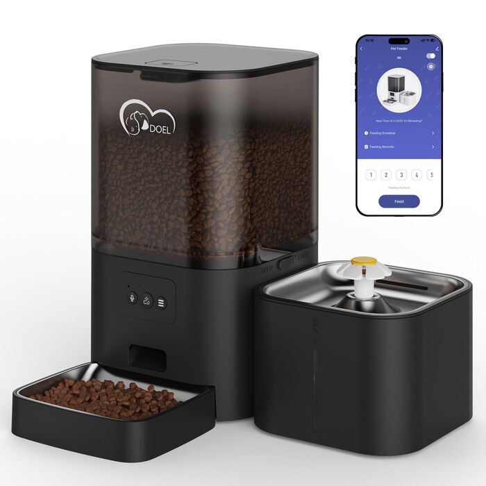 Автоматичний диспенсер корму та води для котів DOEL 2-в-1 з керуванням через додаток, голосовою підтримкою та таймером, 6л корму + 2.5л води