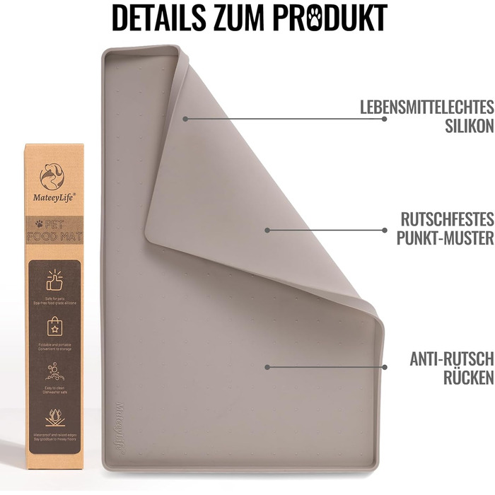 Підкладка під миску для котів та собак MateeyLife, силіконова, нековзна, водовідштовхувальна, 56x36 см, сіро-коричнева