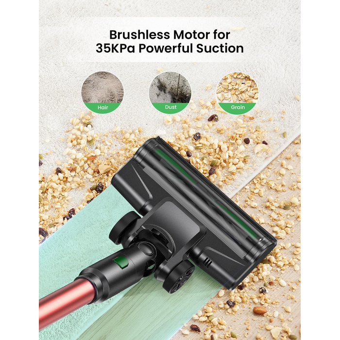 Бездротовий пилосос Vexilar Akku: 60 хв роботи, 45 kPa, 550 W, безщітковий двигун, LED дисплей, 6-в-1, тихий, для дому/авто, підходить для твердих поверхонь, килимів, шерсті тварин, зелений (червоний)