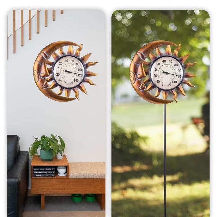 Outdoor Thermometer for Terrace - Wall Thermometer Indoor Outdoor Thermometer with Garden Stake for House and Garden Decor (Sun and Moon)