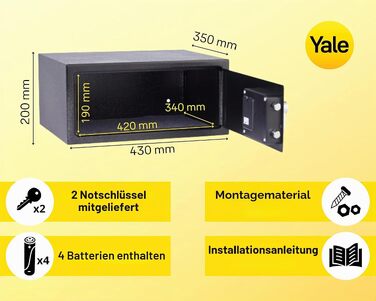 Електронний готельний сейф Yale YLG/200/DB2 на 24 л з LCD-дисплеєм, кодовим замком та можливістю кріплення до стіни або підлоги, чорний (для ноутбуків)