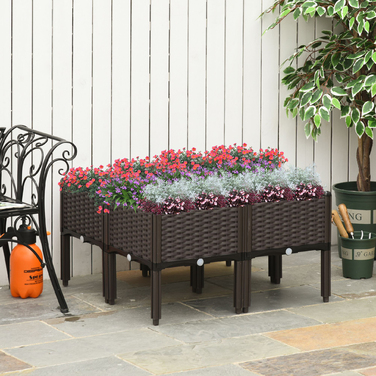 Outsunny Raised Garden Bed, 4-Piece Planting Box with Drainage Holes, Rattan-Look, DIY Brown, 40x40x44cm, ideal for garden and balcony