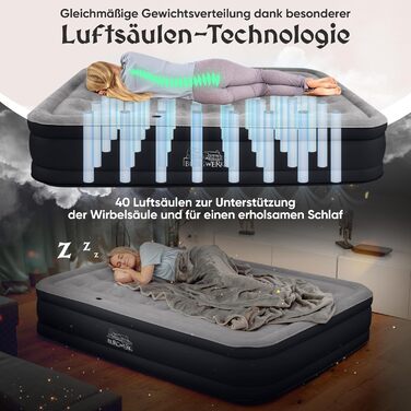 Надувне ліжко 3-в-1 | Гостьове та кемпінгове ліжко | Надувна матрац з електропомпою 150x200 | Самостійно надувна ліжко (2 особи, Чорний/Антрацит)