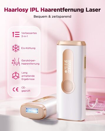 Пристрій для епіляції IPL Haarlosy з функцією охолодження - безболісна епіляція лазером, 3 функції (HR/SC/RA), 9 рівнів, 999 900 імпульсів для жінок та чоловіків, для тіла, ніг, зони бікіні, пахв (білий)