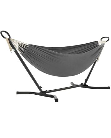 Гамак SONGMICS 210x150 см з металевим каркасом, регульована висота, до 240 кг, чорний каркас, сірий гамак для саду GHS001G01