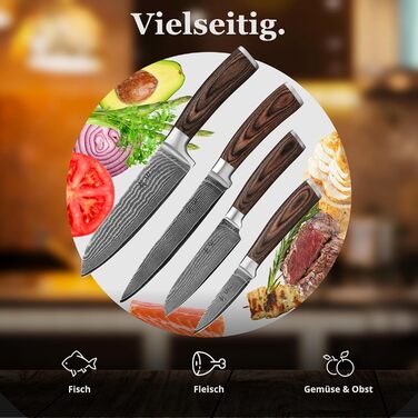 Набір кухонних ножів Wakoli EDIB Damast 4 шт. з 67 шарів дамаської сталі (VG10) з дерев'яною ручкою. Включає: Сантоку, Офісний ніж, Ніж для м'яса. У подарунковій коробці (без гравіювання, без підставки)