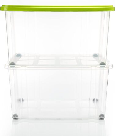 BigDean 2-Pack 60L Storage Boxes with Lid, Large Transparent - Stackable, Robust Box, BPA-Free - Rollable Stack Box with Secure Click Closures - Made in Germany (Green)
