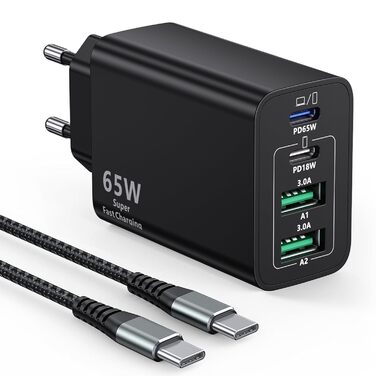 Зарядний пристрій USB-C 65W з кабелем, GaN 4-порти, швидка зарядка для MacBook, iPad, iPhone 15/16 Pro Max, Samsung Galaxy S23/S24 (2м USB-C - USB-C, чорний)