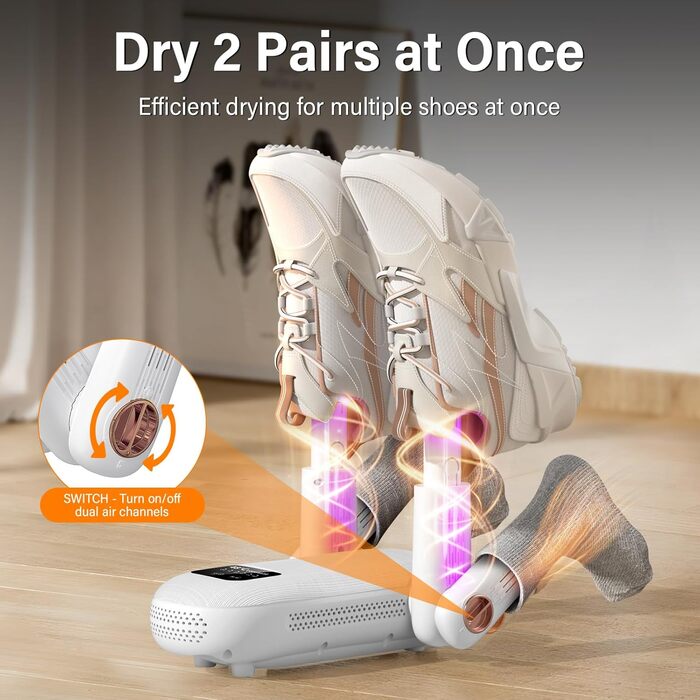 Електричний сушильник для взуття 2 пари, з таймером 1/3/6 год та 2 швидкостями, UV-лампа, складаний дизайн, для взуття, рукавичок, шапок, шкарпеток, лижних черевиків