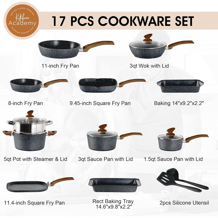 Kitchen Academy Induction Cookware Set, 17-Piece, Cookware Set with Glass Lids, Granite Pots and Pans Set Black 17 PCS Cookware Set Black