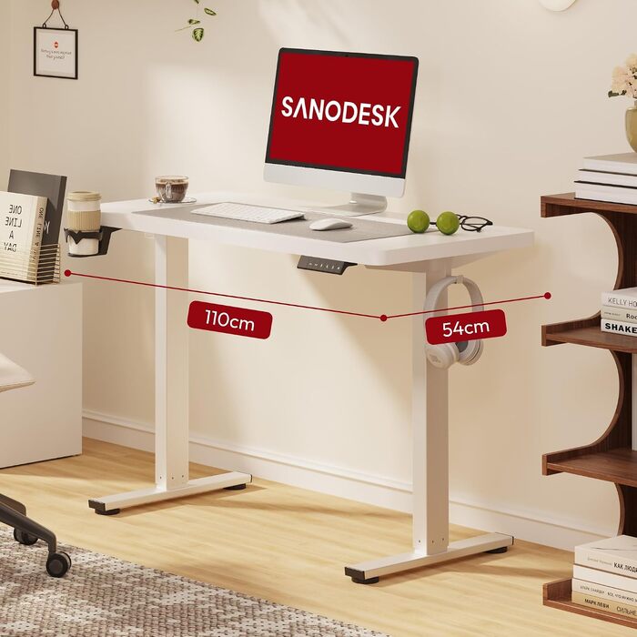 Регульований по висоті письмовий стіл SANODESK з цільною стільницею, білий, 110 x 54 см