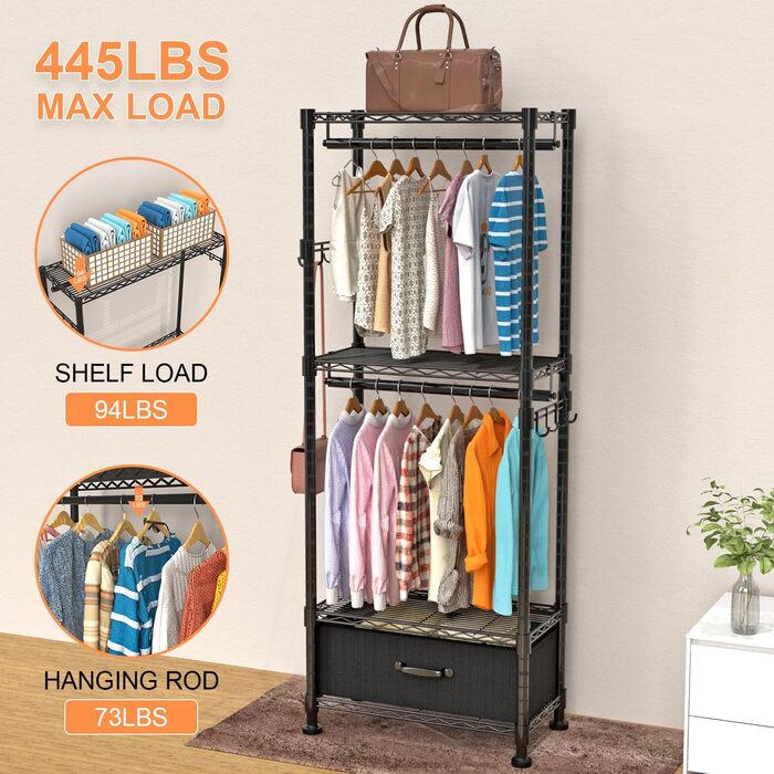 Clothes Rack, Clothes Rack, 4 Tier, Adjustable Closet Organizer System with Drawer | Double Rods | Side Hooks | Holds 445 lbs