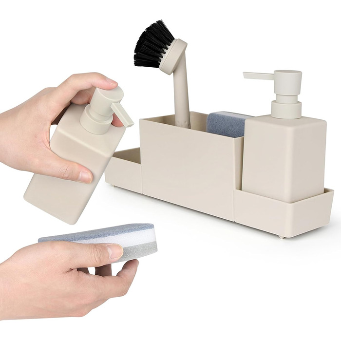 Dish Soap and Hand Soap Dispenser Kitchen Set with Sponge Holder and Brush, Dish Soap Dispenser Kitchen Black, Soap and Dish Soap Dispenser Set Kitchen Gadget Sink Organizer with Soap Dispenser (Beige, 4 in 1)