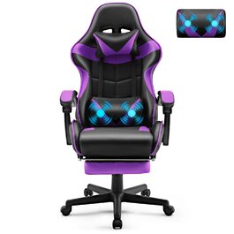 Геймерське крісло Soontrans Massage з підставкою для ніг, подушкою для голови та масажним валиком для попереку, фіолетове. Ергономічне крісло для геймерів, стрімерів Xbox, YouTube