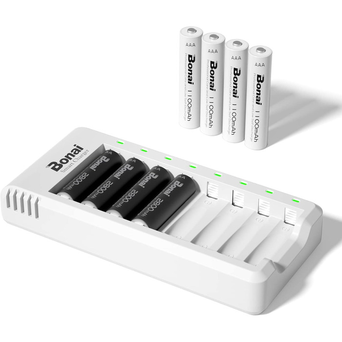 Зарядний пристрій BONAI для акумуляторів AA/AAA NI-MH з LED-дисплеєм та USB, 8 слотів, швидка зарядка