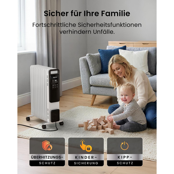 Розумний електричний масляний радіатор Pro Breeze 2500W, 11 секцій, з керуванням через Wi-Fi/App, термостатом, таймером на 24г та сенсорним дисплеєм, білий