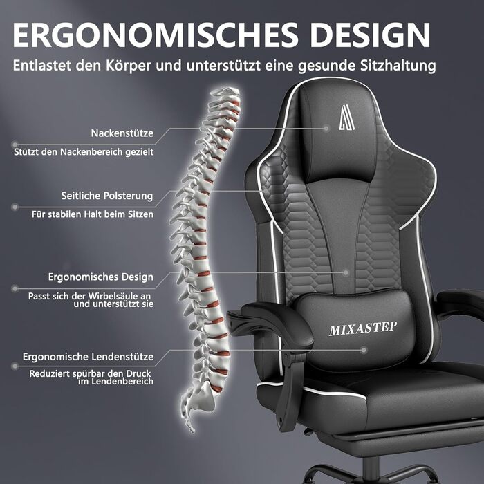 Геймерське крісло Ergonoma з підставкою для ніг, регульоване по висоті, біле - до 150 кг