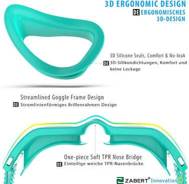 ZABERT W1 Adult Swimming Goggles for Men and Women, Anti-Fog, UV Protection, Waterproof, Adult Unisex, Teens #012. Blue-Green White Teal | Clear Lenses