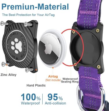 Світловідбиваючий нашийник для Apple AirTag для собак, регульований, водонепроникний, для малих, середніх та великих собак, L (32-43.5 см), фіолетовий