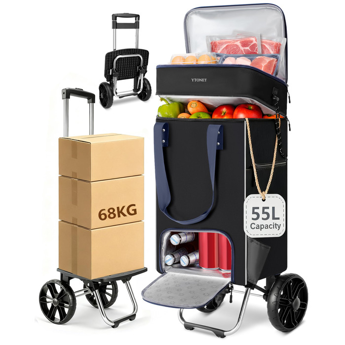 Тролей для покупок Ytonet: складаний, з відділенням для охолодження, 55 літрів, 68 кг, 3-в-1 (сумка-тележка, сумка для покупок), чорний
