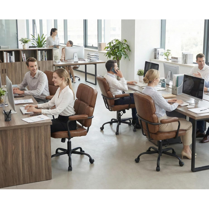 Офісний крісло з штучної шкіри, 360° обертання, регульована висота, ергономічний комп'ютерний стілець з підлокітниками для робочого кабінету/офісу/вітальні, Колір: Коричневий