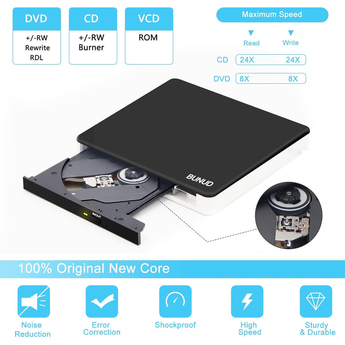 Зовнішній CD/DVD привід BU USB 3.0 & Type-C, DVD+/-RW ROM записувач з картридером SD/TF та USB-портами для ноутбука, PC, MacBook, Windows 11/10, macOS (чорний/білий)