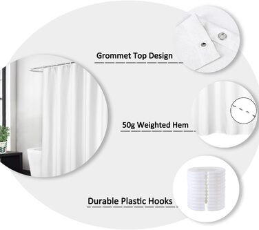 Штора для душу LinTimes з льону, 180x200 см, біла - важкий 240 GSM, з гачками, готельний люкс, машинне прання