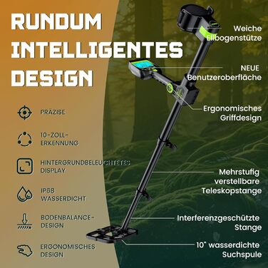 Металодетектор професійний для дорослих та дітей – водонепроникний, з LCD-дисплеєм та спіральною котушкою 25 см, бездротовий, складна конструкція, акумулятор 2000mAh, висока точність, зелений