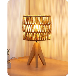 LED настільна лампа EDISHINE з абажуром з ручної роботи, дерев'яною ніжкою, тепле світло 2700K, бохо-стиль, для спальні, вітальні, готелю, з лампочкою E27 4W