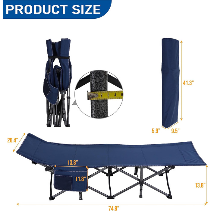 Розкладне ліжко для кемпінгу High Point Sports XL з кишенею, блакитне - для відпочинку на природі та вдома