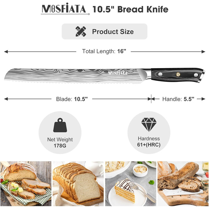 MOSFiATA Brotmesser 10 дюймів, хвилястий ніж для хліба, булочок та випічки - професійний ніж пекаря, для нарізання хліба, довгий ніж для хліба, ніж для булочок, елегантна подарункова упаковка