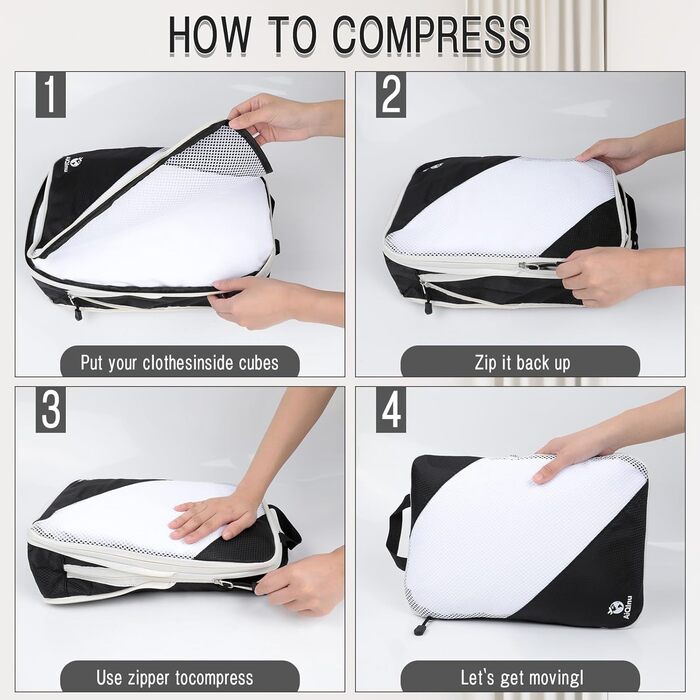 Органайзери для валіз AiQInu, 5 шт. - Набір для пакування з компресійними мішками, мішок для білизни та для взуття. Легкі, розширювані, для ручної поклажі (Чорний)