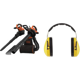 Електричний садовий пилосос-видувач Black+Decker 3000 Вт з подрібнювачем, рюкзаком-мішком 72 л, насадкою-граблями та захисними навушниками 3M Peltor Optime I (SNR 27, до 98 дБ)