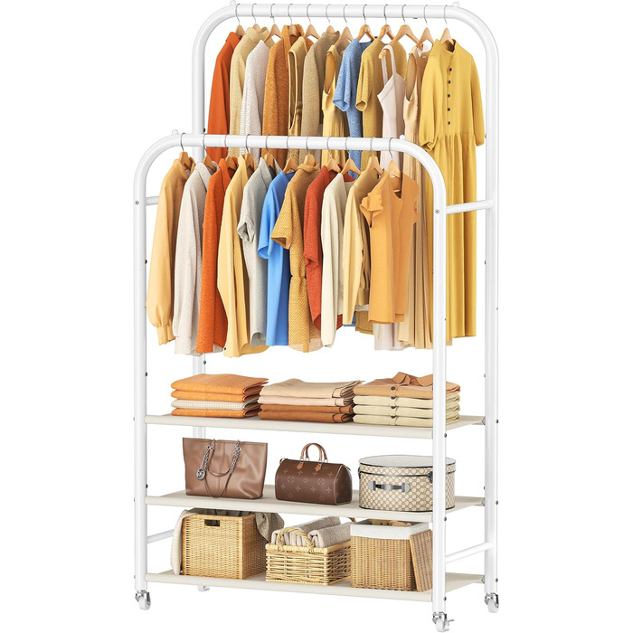 Вішалка для одягу HOMIDEC з 3 полицями, подвійна штанга на колесах, металевий каркас, біла - до 80 кг