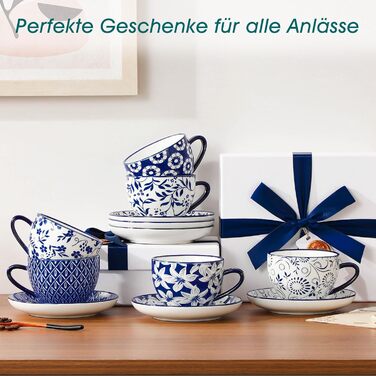 Набір кавових чашок капучіно Vancasso Selene 6 шт., 240 мл, блакитно-білий вінтажний дизайн, високоякісне фарфорове покриття, придатні для миття в посудомийній машині та використання в мікрохвильовій печі