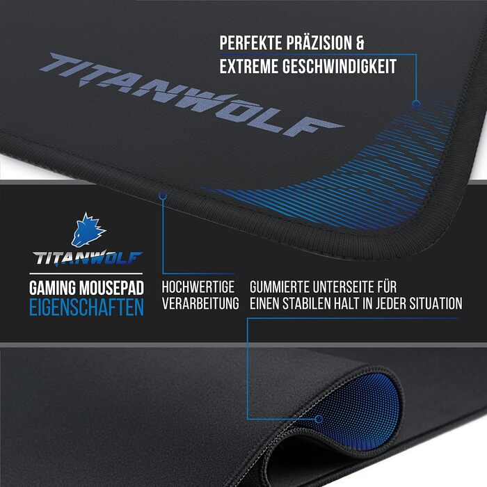 Килимок для миші TITANWOLF XXL Speed - 900 x 400 мм - великий розмір з мотивом TITANWOLF. Покращує точність та швидкість, антиковзаюча поверхня, зносостійкий.