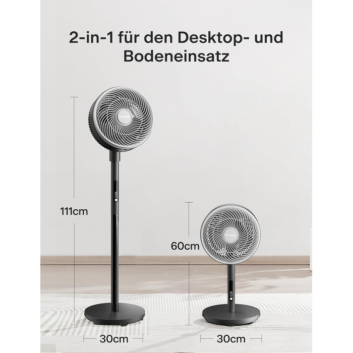 Турбовентилятор PELONIS з пультом керування, дисплеєм, 3D циркуляцією, 36.5dB, 10м повітряний потік, регульована висота 60/111см, 4 швидкості з таймером, знімний захист, поворотний, 92см, чорний