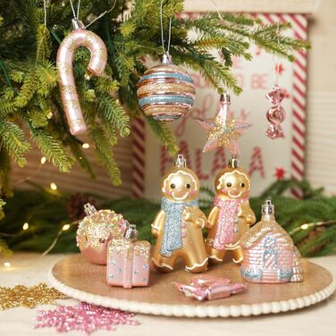 Набір прикрас на ялинку Shareconn 65 шт. з пластику, міцні, з мотузкою, різні розміри та кольори (червоний & білий, макарон)