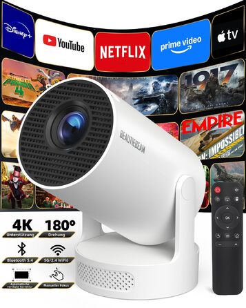 Beautiebeam Beamer: Міні проектор 4K з підтримкою 1080P, Android 11, Bluetooth 5.0, Wi-Fi 6, Автоматична корекція трапеції, для дому та на відкритому повітрі