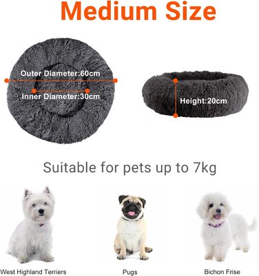 fireowl Donut Dog Bed Large Fluffy: 70cm Soothing Puppy Bed Anti-Anxiety Cat Bed - Plush Pet Bed Round Cozy Washable (L 60 x W 60 x H 20 cm, Grey)