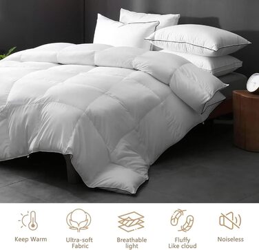 DWR Year-Round Down Comforter 220x240cm Bed Comforter made of Goose Down and Feathers, Extra Soft Organic Cotton Quilted, Medium Transition Comforter, Oeko-TEX and Downpass Certified, Down Comforter, White 220 x 240 cm White / Year-Round Comforter