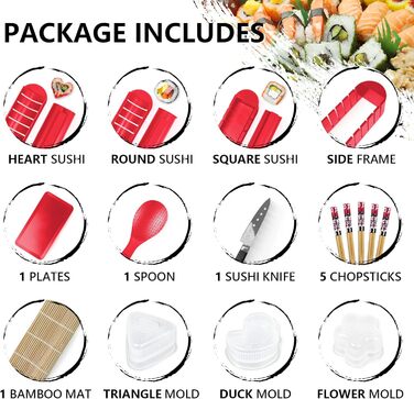 Набір для приготування суші, 20 предметів, для початківців, з формами для ролів, виделкою, ножем, килимком для ролу, палочками, повний комплект (Чорний) (Червоний+тарілка)