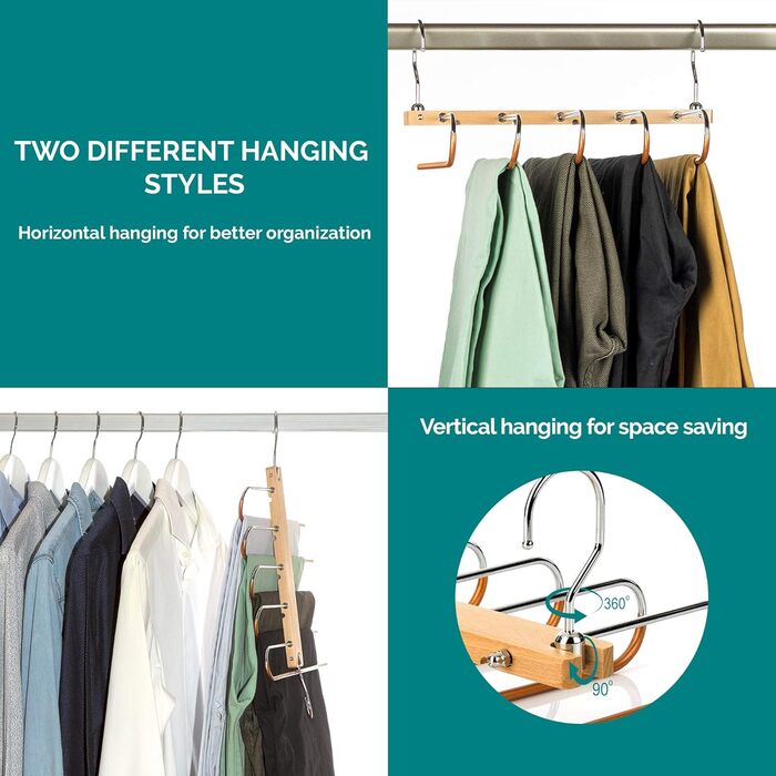 2 Pack Space-Saving Multi-Tiered Hanger - 5 in 1 Pants & Clothes Hanger Made of Wood and Stainless Steel Extendable - Foldable Multi-Hanger - Clothes Hanger Holder - Magic Pant Hangers