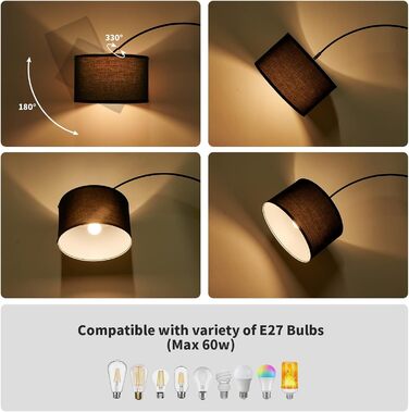 Торшер арковий Modlicht Jasmin I з LED E27, чорний тканинний абажур 33 см, педальний вимикач, вінтажний, для вітальні та спальні